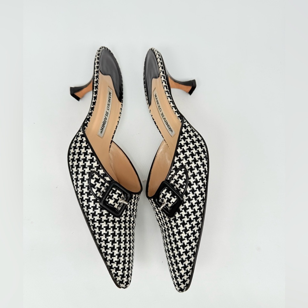 Manolo Blahnik Vintage Black White Houndstooth leather trim buckle mules EU 40 - Picture 3 of 8